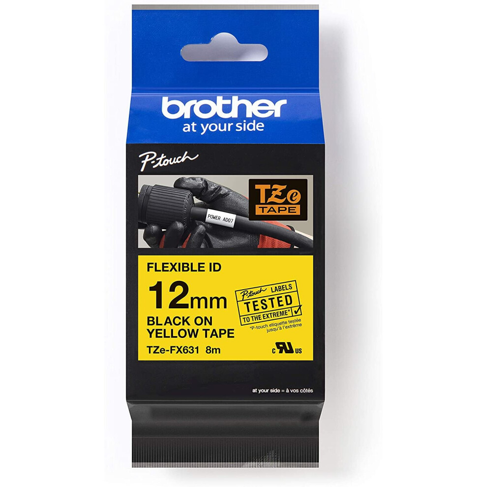 Brother TZe-FX631 Labelling Tape Cassette, Black on Yellow, 12mm (W) x 8M (L), Flexible ID, Brother Genuine Supplies