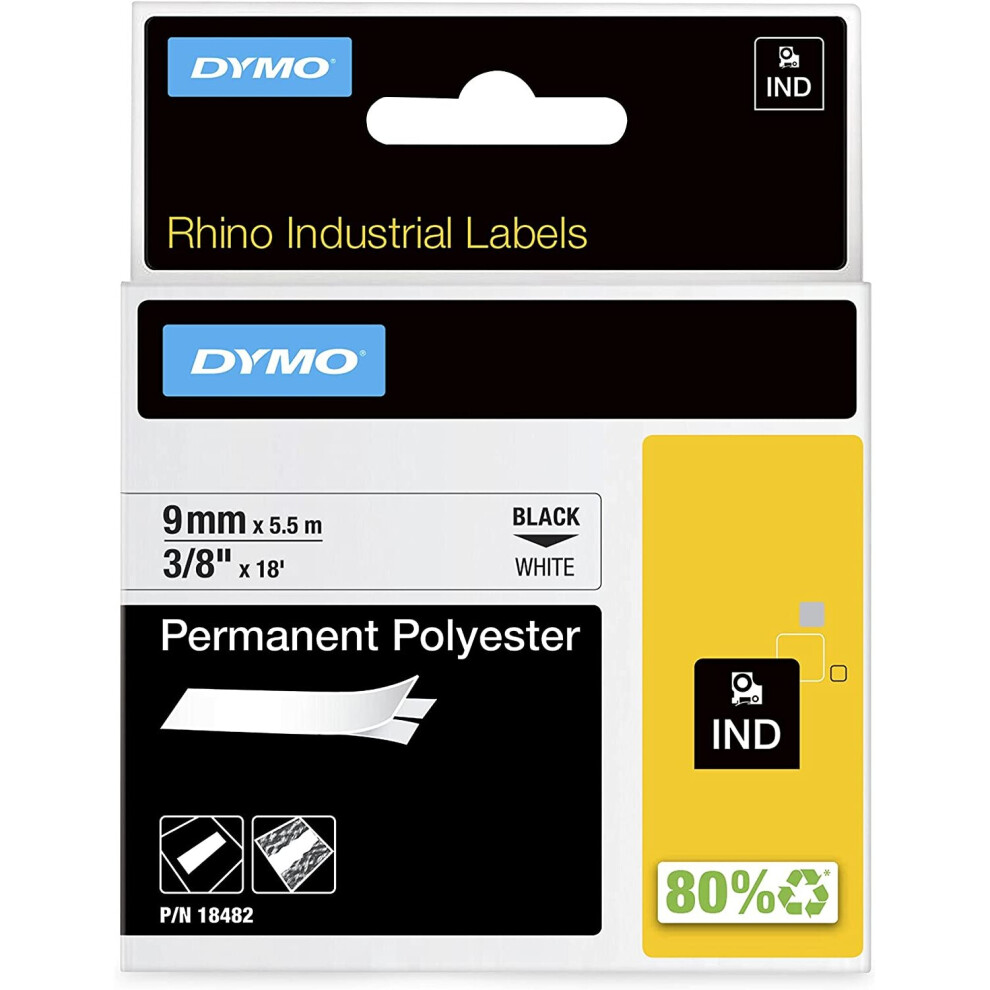 DYMO Rhino Industrial Polyester Labels, 9 mm x 3.5 m, Black Print on White, Self-Adhesive, 18482