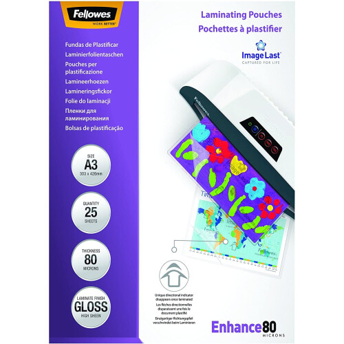 Fellowes Fellowes A3 Laminating Pouches, Gloss, 160 Micron (2 x 80 Micron) with Image Last Directional Quality Mark, Pack of 25