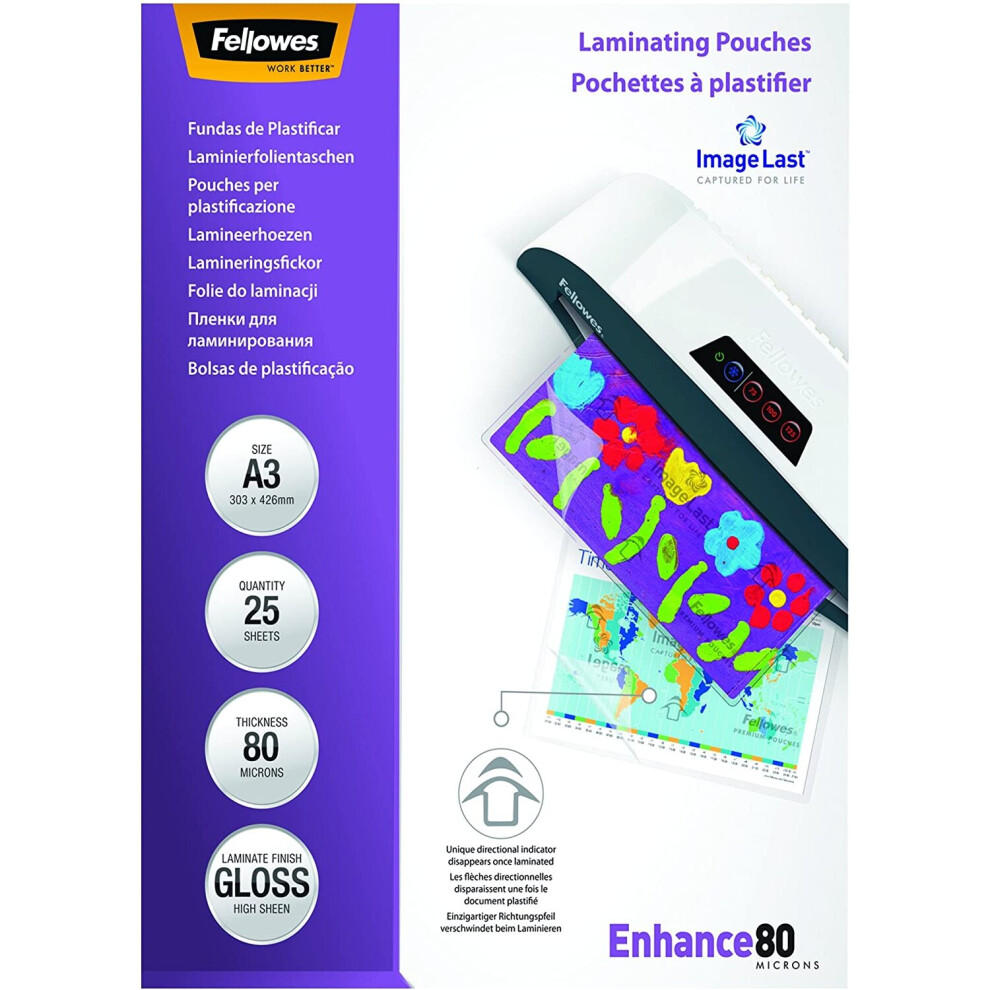 Fellowes A3 Laminating Pouches, Gloss, 160 Micron (2 x 80 Micron) with Image Last Directional Quality Mark, Pack of 25