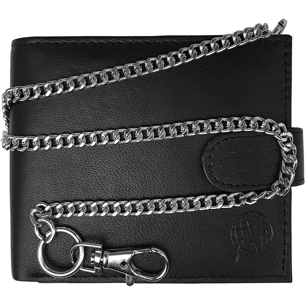 Roamlite RFID Blocking Mens Leather Wallet - 43cm Key Belt Chain - 4 Credit Card Slots - Buttoned Coin Pouch - 11 cm x9.5x2 RL506K (Black RFID