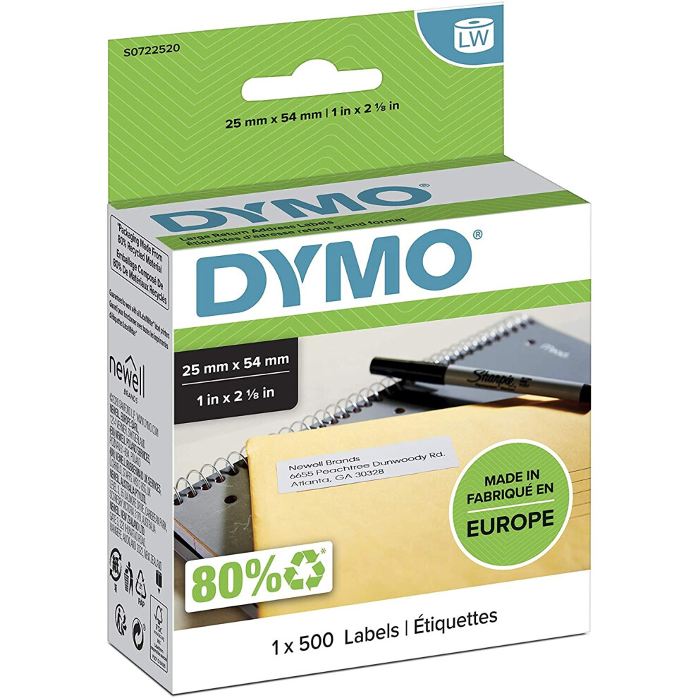 DYMO LW Large Return Address Labels, 25 mm x 54 mm, Roll of 500 Easy-Peel Labels, Self-Adhesive, for LabelWriter Label Makers, Authentic