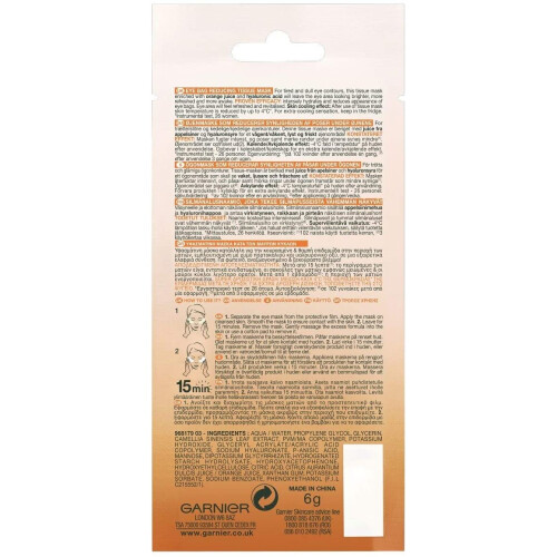 Garnier Hyaluronic Acid and Orange Juice Tissue Mask, Hydrating