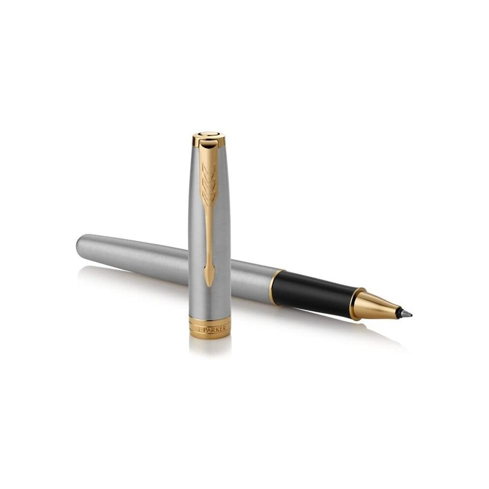 Parker Sonnet Rollerball Pen | Stainless Steel with Gold Trim | Fine Point Black Ink | Gift Box