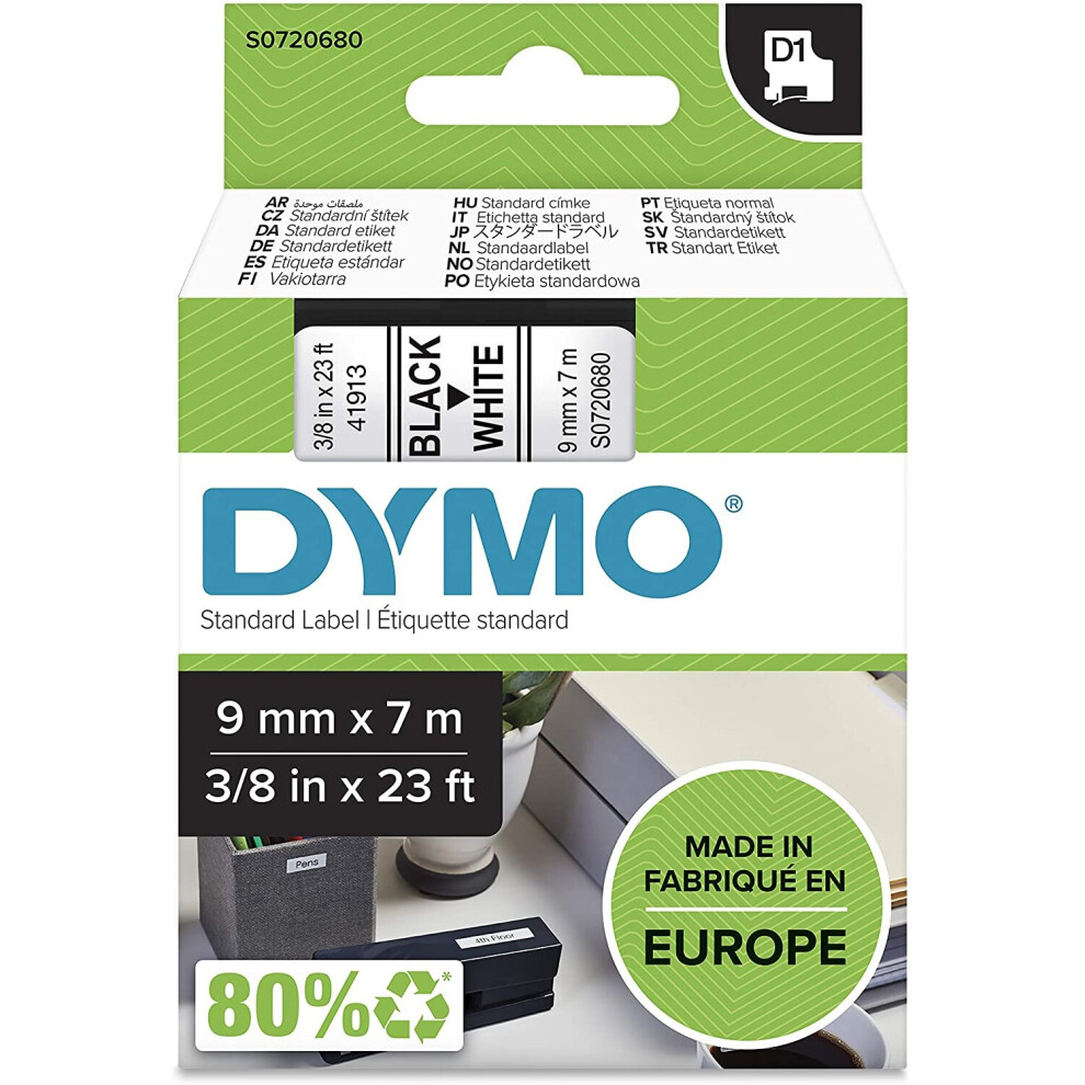 DYMO D1 Labels, 9 mm x 7 m Roll, Black Print on White, Self-Adhesive Labels for LabelManager Label Printers, Authentic