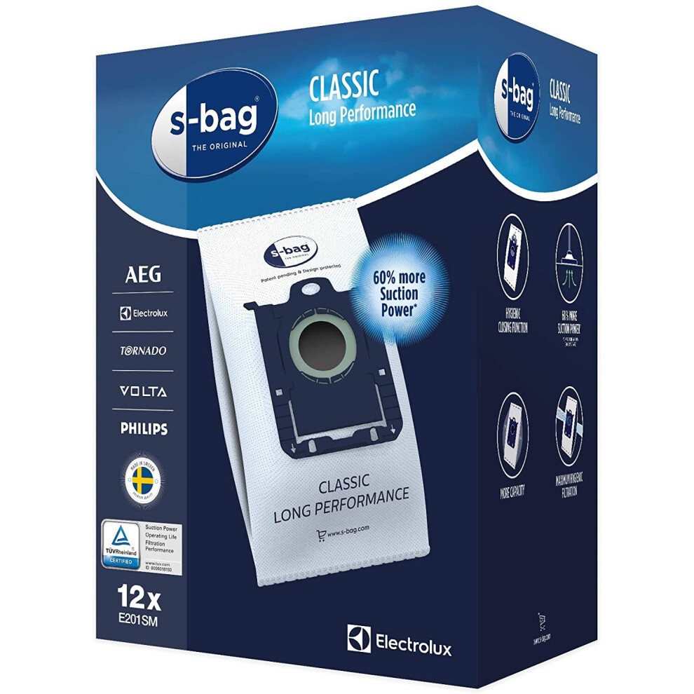 Electrolux E201SM S-Bag Vacuum Cleaner Dust Bags/Classic, for Extended Use, High Suction Performance (60% More Suction Power), Optimal Filtration,