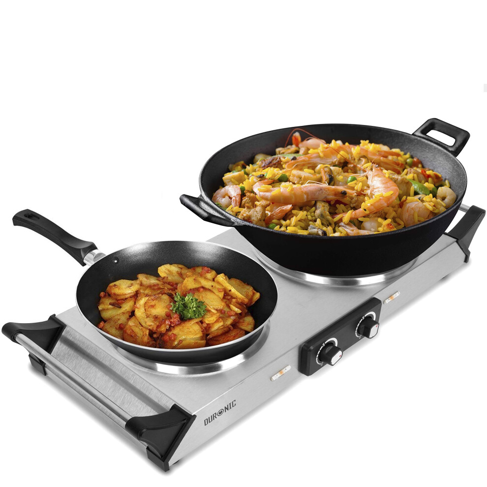 Duronic Hot Plate HP2SS | Table-Top Cooking | 2500W | Stainless-Steel Electric Double Hob with Handles | Two Cast Iron Portable Hob Rings (1500W & 100