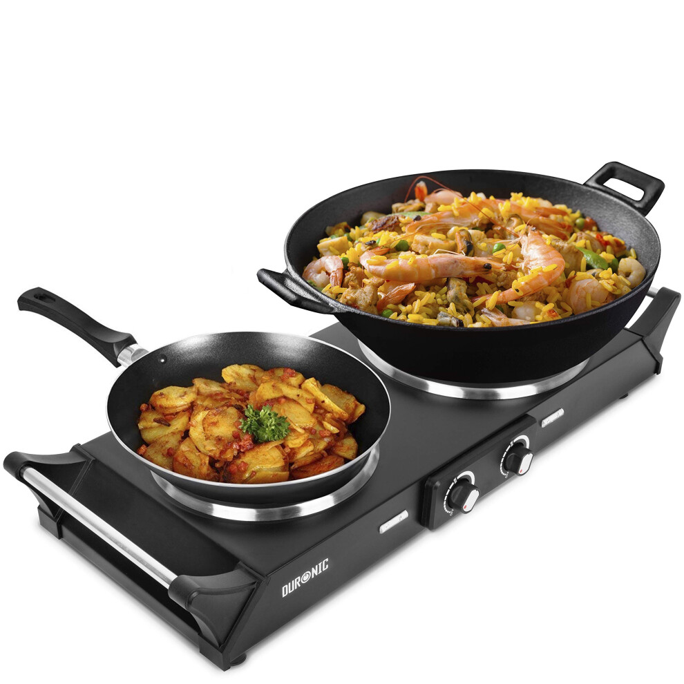 Duronic Hot Plate HP2BK | Table-Top Cooking | 2500W | Black Steel Electric Double Hob with Handles | 2 Cast Iron Portable Hob Rings (1500W & 1000W) |