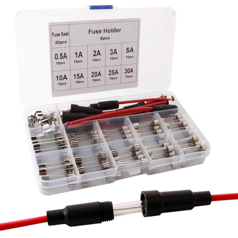 Qitindasen 100Pcs Professional 6 X 30Mm Car Glass Tube Fuses, Fast Blow Glass Fuses Set, Quick Blow Glass Tube Fuse With 20Pcs Fuse Seat And 5Pcs 714453267155