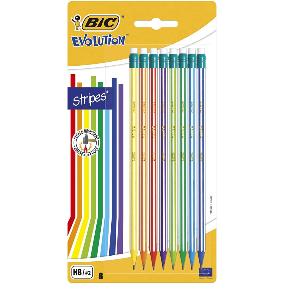 Bic Evolution Graphite Pencils - Pack Of 8 - Hb Pencils With Eraser - Colourful Stripe Design And Shock-Resistant Lead