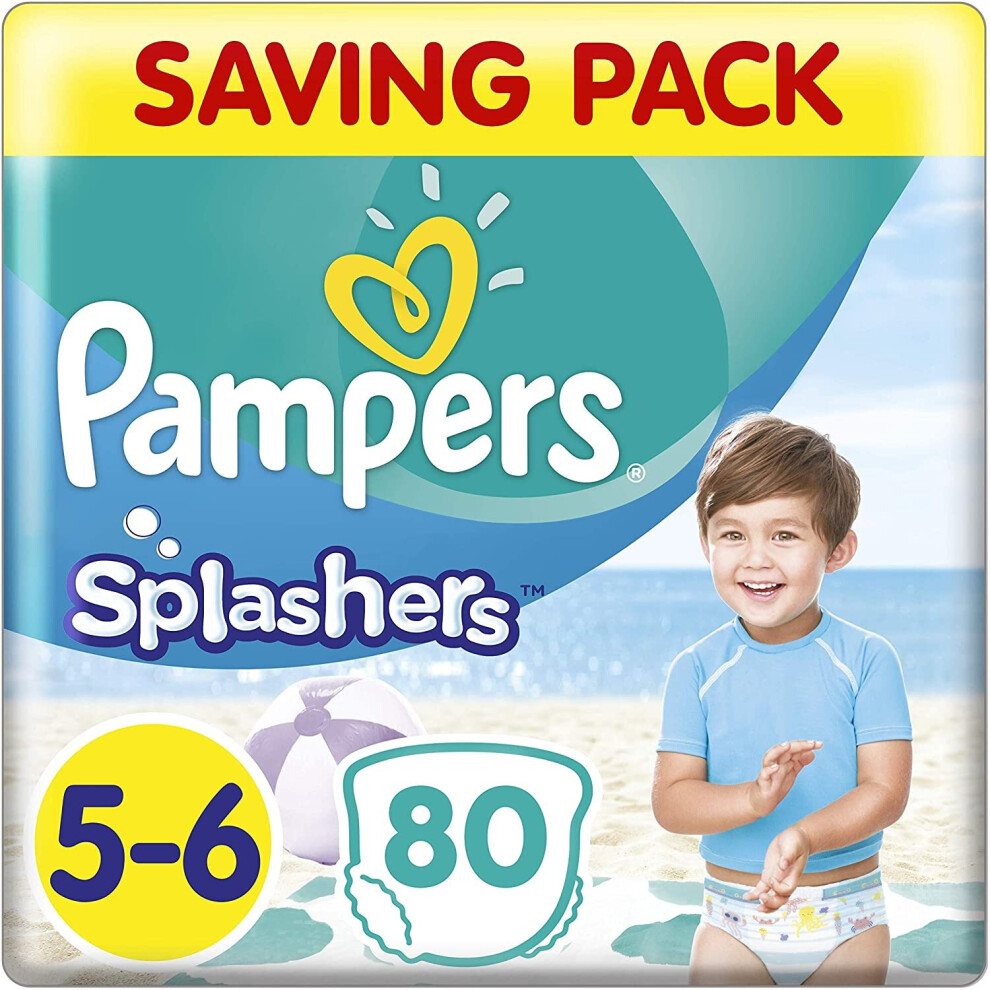 Pampers Baby Nappies Size 5 (14+ kg/31 Lb), Splashers Swim Pants, 80 Count, SAVING PACK, Do Not Swell In Water