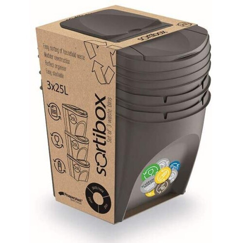 Prosperplast Prosperplast Sortibox Bin Containers, 3 x 20L Rubbish and Waste Separation System, (Grey) 2