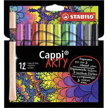 STABILO Cappi ARTY Felt Tip Pens Wallet (12 Assorted Colours) with Cap Ring - 1mm Line, Ergonomic Grip, Washable Ink