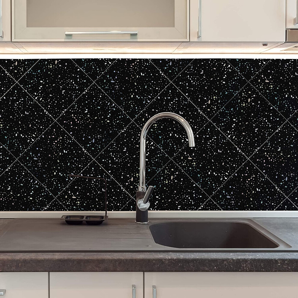 Walplus 15Cm(6")@24Pcs Terrazzo Holographic Glitter Black Wall Tile Sticker Tile Paint Stick On Tiles Peel And Stick Self Adhesive Wall Tiles Stickers 5060690848721