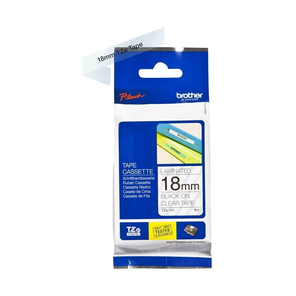 Brother Tze-141 Labelling Tape Cassette, 18 Mm (W) X 8 M (L), Laminated, Genuine Supplies - On Clear Black