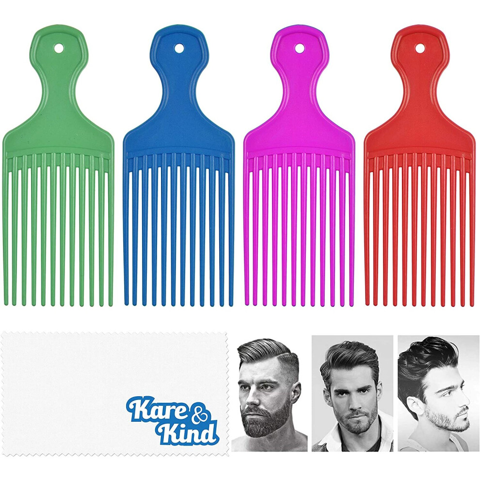 Kare & Kind Unisex Hair Pick Comb - 4 Pcs - Ideal For Curly, Wavy, Afro Hair - For Hair Styling, Hairdressing, Detangle And Lift Hair - Smooth, Gentle Comb