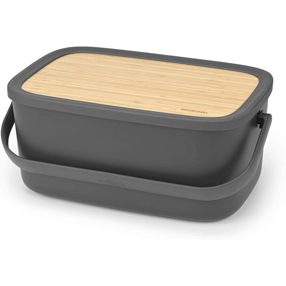 Large Bread Bin with Wooden Serving Board and Handle - Dark Grey