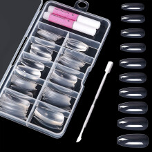 100pcs Ballerina False Nails, Acrylic Coffin Fake Nail Tips in 10 Size with Glues and Cuticle Pusher, Artificial Full Cover Fingernails for Nail Art
