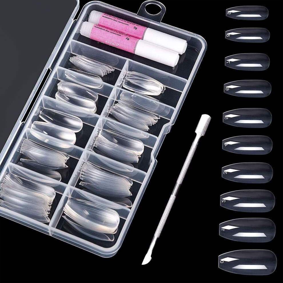 Kiiwah 100Pcs Ballerina False Nails, Acrylic Coffin Fake Nail Tips In 10 Size With Glues And Cuticle Pusher, Artificial Full Cover Fingernails For Nail Art