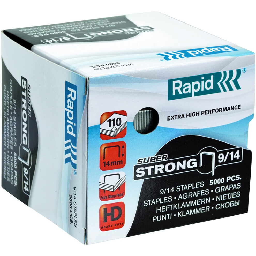 Rapid 24871500 9/12 Super Strong Staples, 12 Mm Leg Length, Hard Steel Wire, 90 Sheets, Pack Of 5000