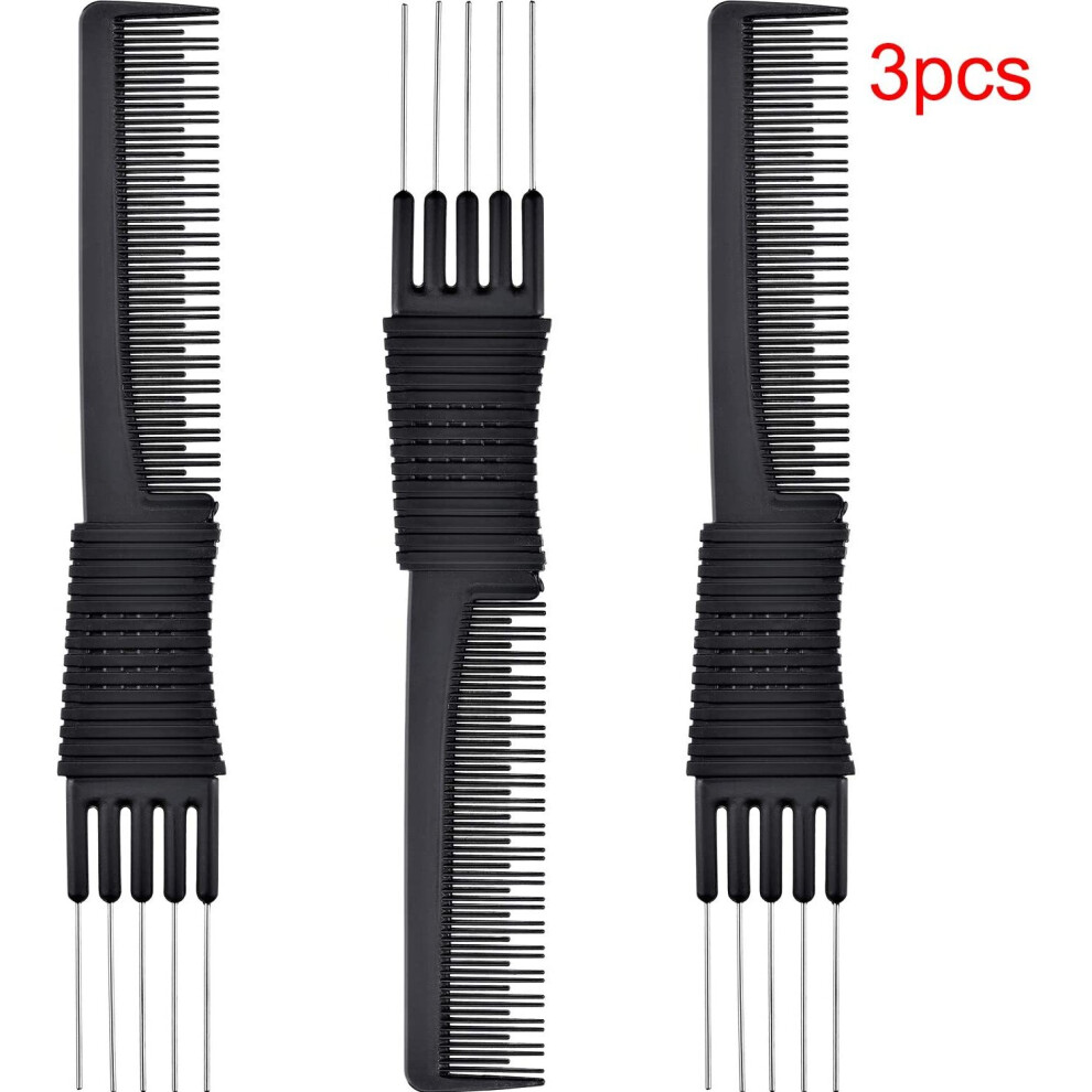 Leinuosen Unisex Black 3 Pack Carbon Lift Teasing Combs With Metal Prong, Salon Teasing Back Combs, Carbon Comb With Stainless Steel Lift (Style A)