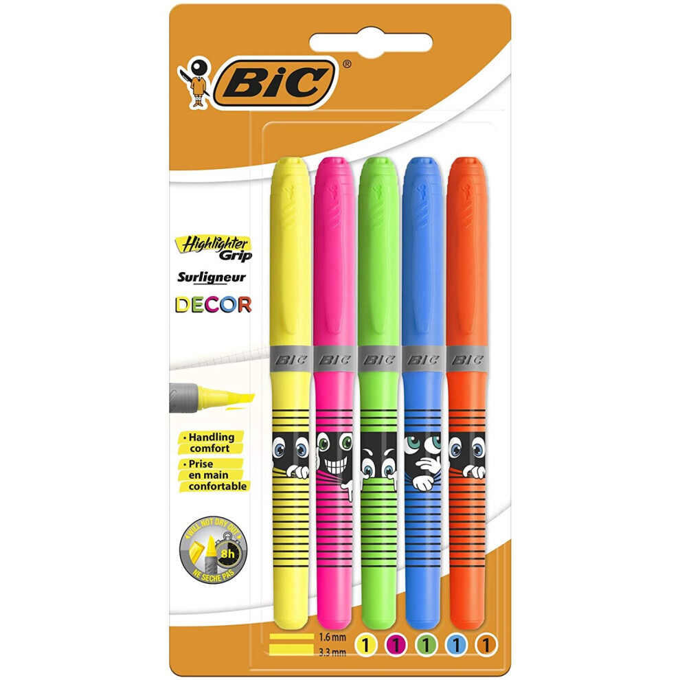 BIC Highlighter Grip Decor Highlighter with Chisel Tip - Assorted Colours, Pack of 5