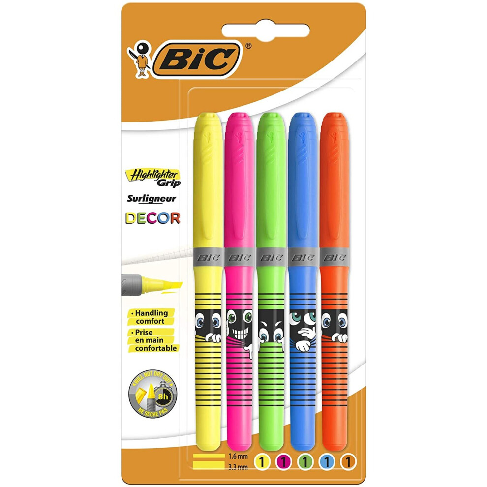 BIC Highlighter Grip Decor Highlighter with Chisel Tip - Assorted Colours, Pack of 5-image-OPC-P8W622N-NEW