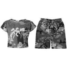 (11-12 Years, Camo Charcoal) Girls Crop Top Cycling Shorts Camo Print Outfit Set