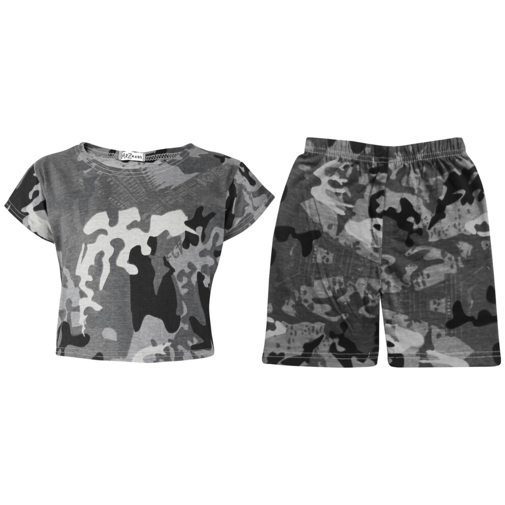 A2zkids (11-12 Years, Camo Charcoal) Girls Crop Top Cycling Shorts Camo Print Outfit Set
