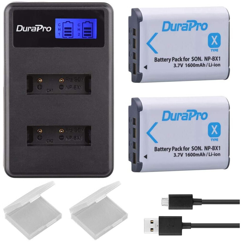 DuraPro 2Packs NP-BX1 NP BX1 NPBX1 Battery + LCD Dual USB Charger for Sony DSC-RX100 DSC-WX500 IV HX300 WX300 HDR-AS15 X3000R MV1 AS30V HDR-AS300
