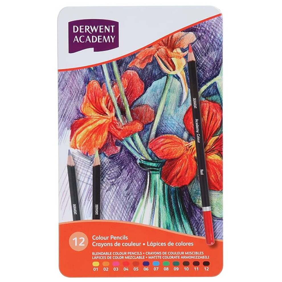 Derwent 2301937 Academy Colouring Pencils, Tin Box, Multicolor, Set Of 12