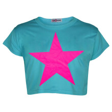 (9-10 Years, Turquoise) Girls Turquoise Crop Top Star Print T Shirt Top 5-13