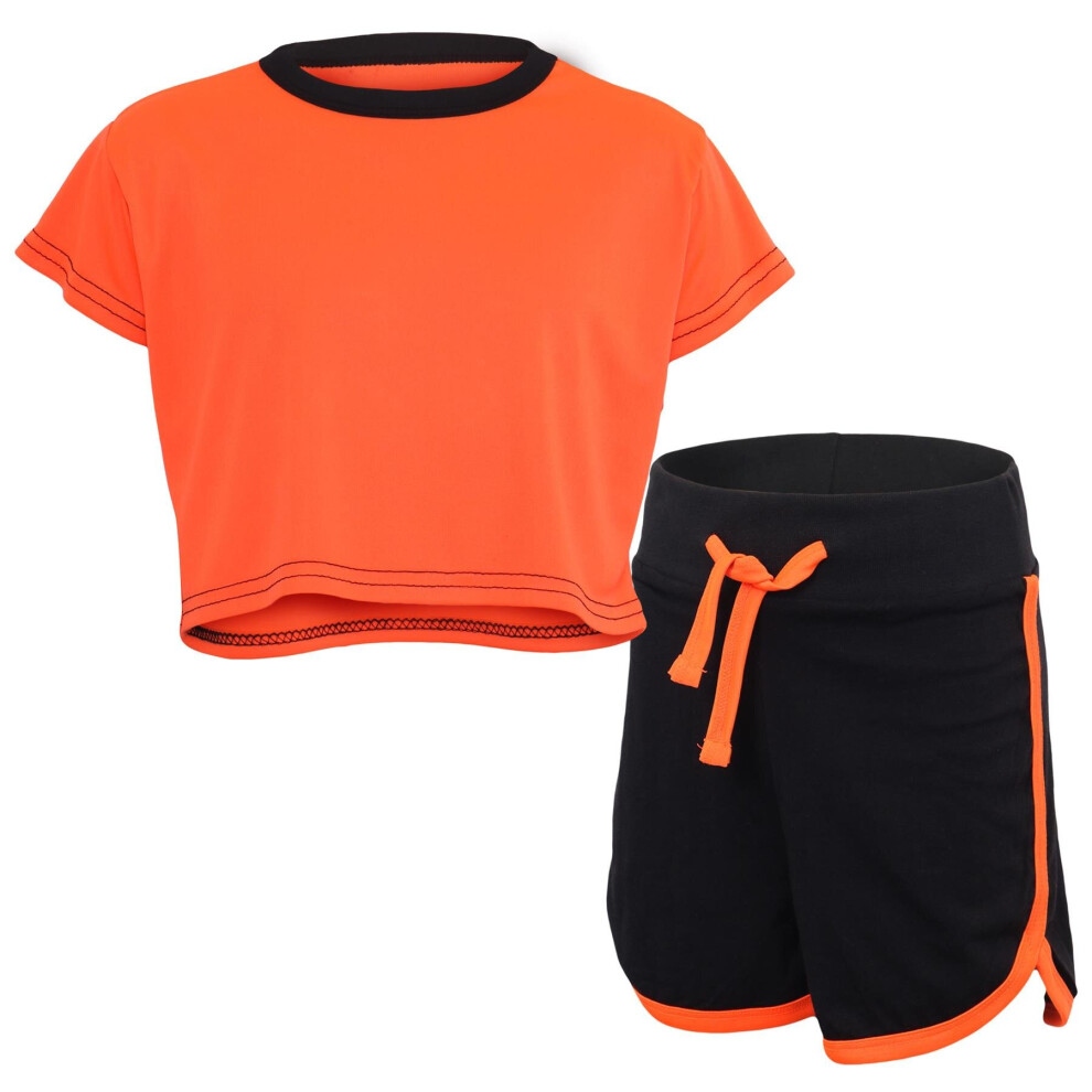 (9-10 Years, Neon Orange) Girls Boys Black Neon Orange Crop Top & Shorts 5-13