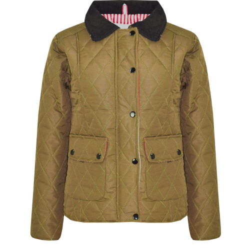 Girls Khaki Quilted Collar Buttoned Zipper Jacket