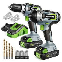 WORKPRO 20V Cordless Compact Drill Driver and Impact Driver, Combi Drill Including 2 x 2.0Ah Li-ion Batteries, 1 Hour Fast Charger, 2-Speed, 6PC