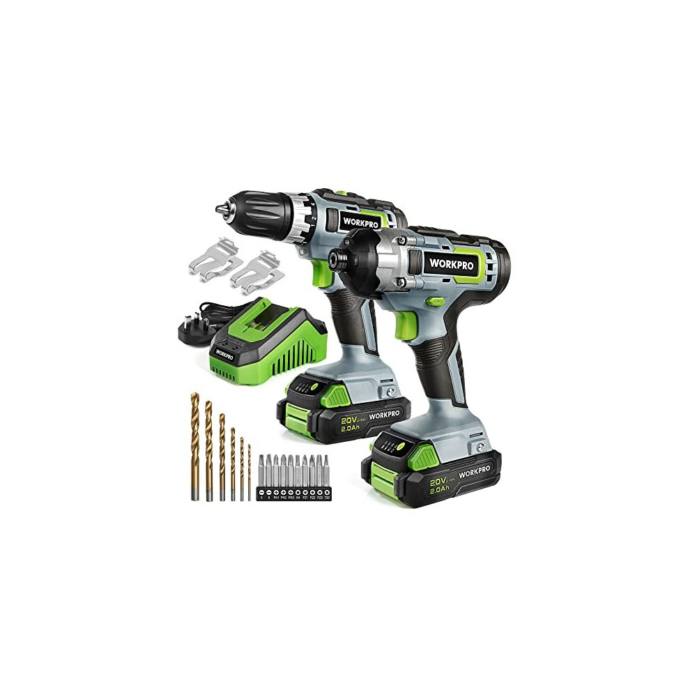 WORKPRO 20V Cordless Compact Drill Driver and Impact Driver, Combi Drill Including 2 x 2.0Ah Li-ion Batteries, 1 Hour Fast Charger, 2-Speed, 6PC