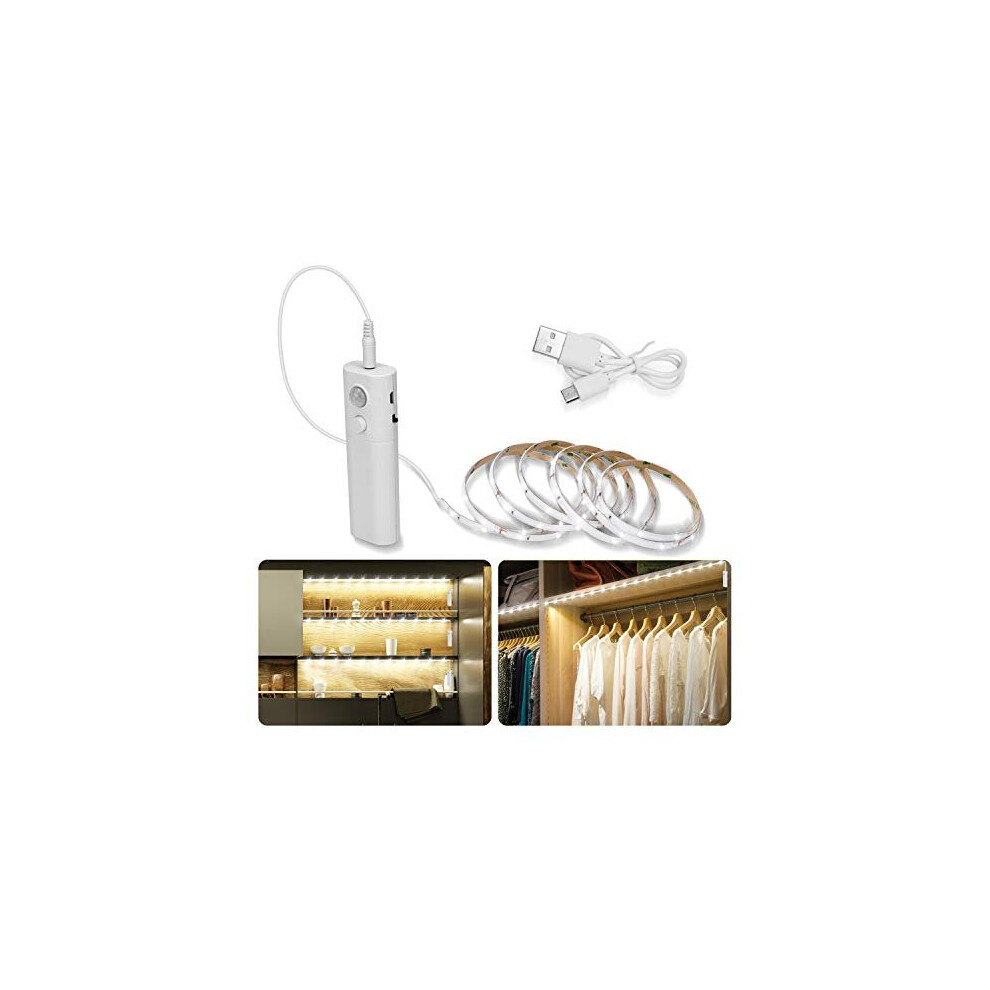 2M Motion Sensor LED Strip Lights with Rechargeable, 6000K Cold White Under Cabinet LED Strip Lights for Kitchen Wardrobes, Closet, Cupboard