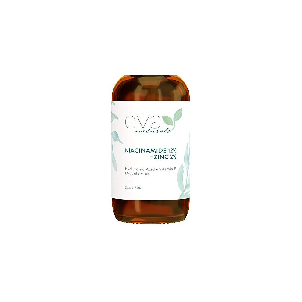 Eva Naturals 12% Niacinamide Serum For Face + Zinc (60Ml) Vitamin B3, 2% Zinc And Hyaluronic Acid Serum Known To Even Skin Tone, Shrink Pores, Pump Fine Lines