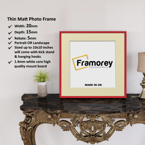 (Red With Ivory Mount, 5x5" Pic (7x7" Frame)) Square Size Thin Matt Red Picture Frame Wall Art Frames Flat Wooden Effect Poster Frame