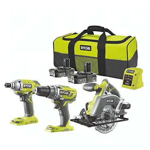 Ryobi 18v Triple Kit Combi Drill, Impact Driver & Circular Saw 2X 2.0Ah Liion Batteries
