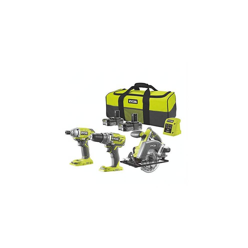 Ryobi 18v Triple Kit Combi Drill, Impact Driver & Circular Saw 2X 2.0Ah Li-ion Batteries & Charger