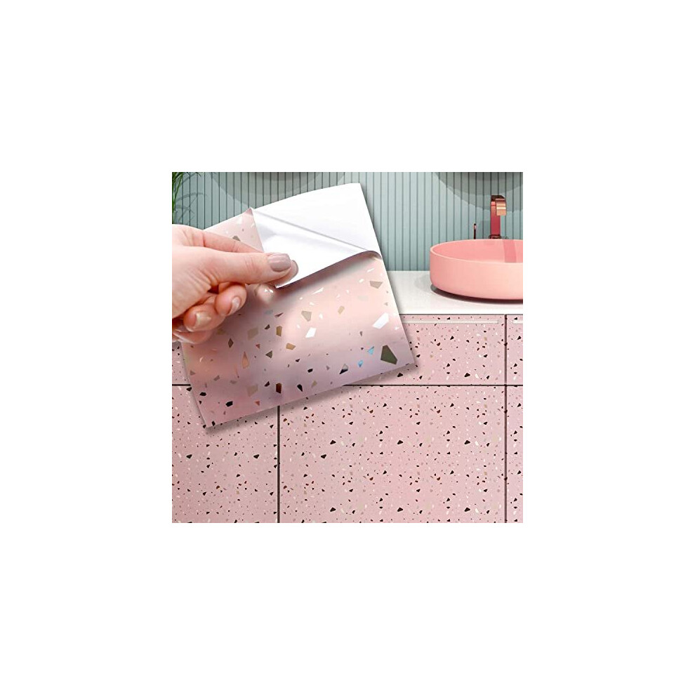 WALPLUS Rose Pink Metallic Silver Terrazzo Tile Stickers 15 x 15 cm, 24 PCS Peel and Stick Self Adhesive Wall Tiles, Waterproof Kitchen Bathroom Splashback Decals - Image 4