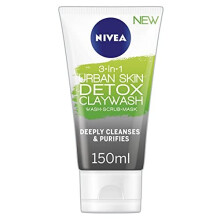 NIVEA 3-IN-1 Urban Skin Detox Clay Wash, 150ml, Detoxing Face Mask for All Skin Types, Face Wash, Natural Clay Mask with Black Rice & Green Tea E