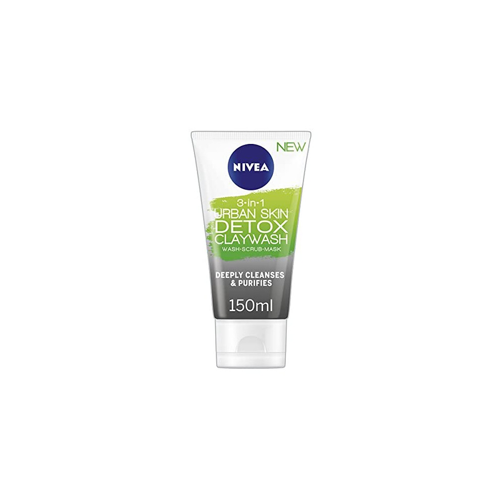 NIVEA 3-IN-1 Urban Skin Detox Clay Wash, 150ml, Detoxing Face Mask for All Skin Types, Face Wash, Natural Clay Mask with Black Rice & Green Tea E