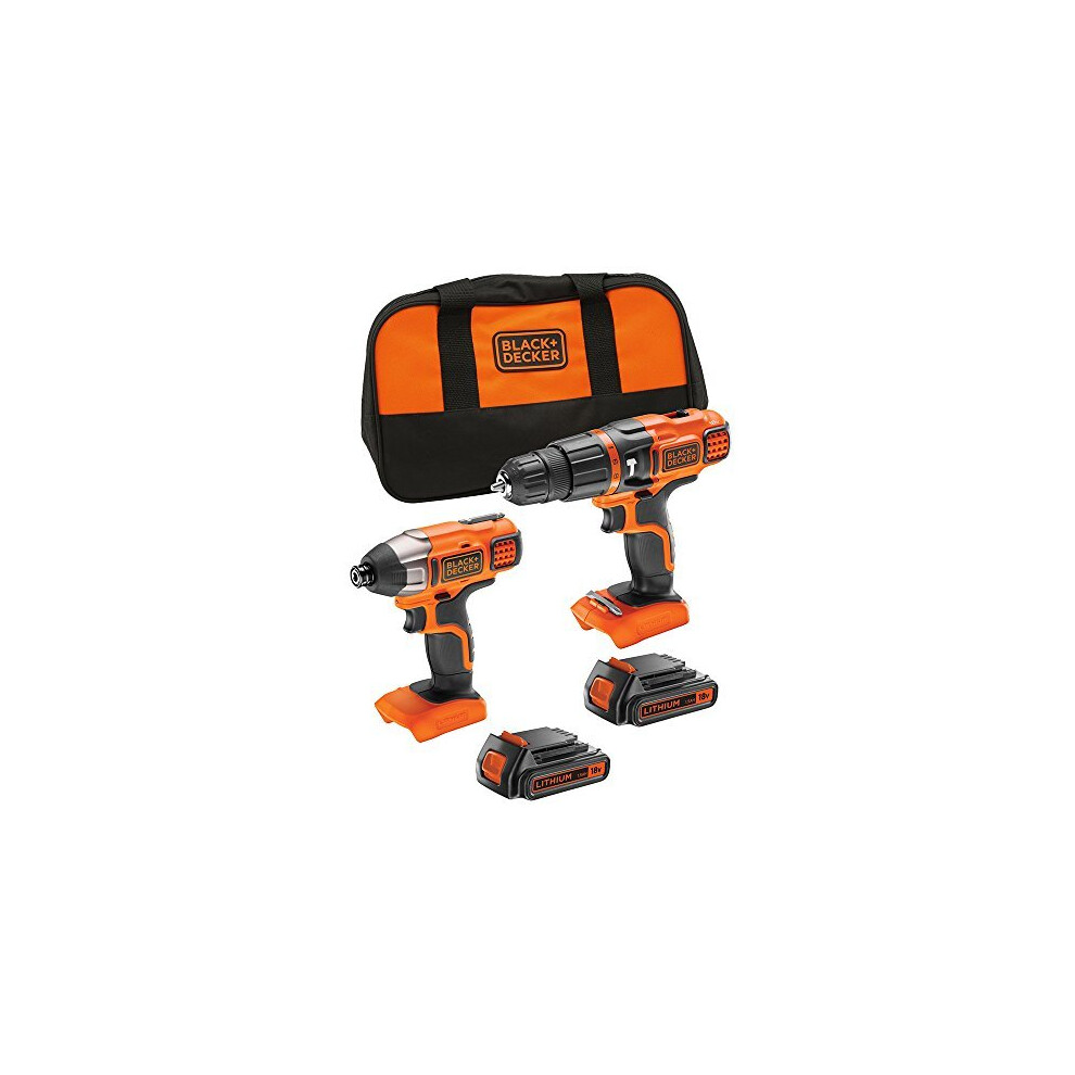 BLACK+DECKER 18 V Cordless Hammer Drill Power Tool with Impact Drill Driver and Storage Tool Bag, 2 x 1.5 Ah Lithium-Ion Batteries, BDCHIM18B-GB