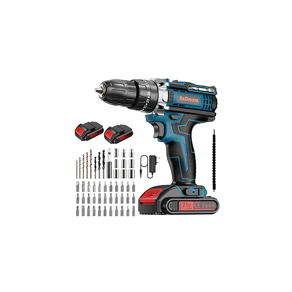 Cordless Drills,21V Max Power Impact Driver, Combi Drill Kit with 2 * 2000mAh Li-Ion Battery, 45 Nm Electric Screwdriver, 25+3 Torque, Double Spe