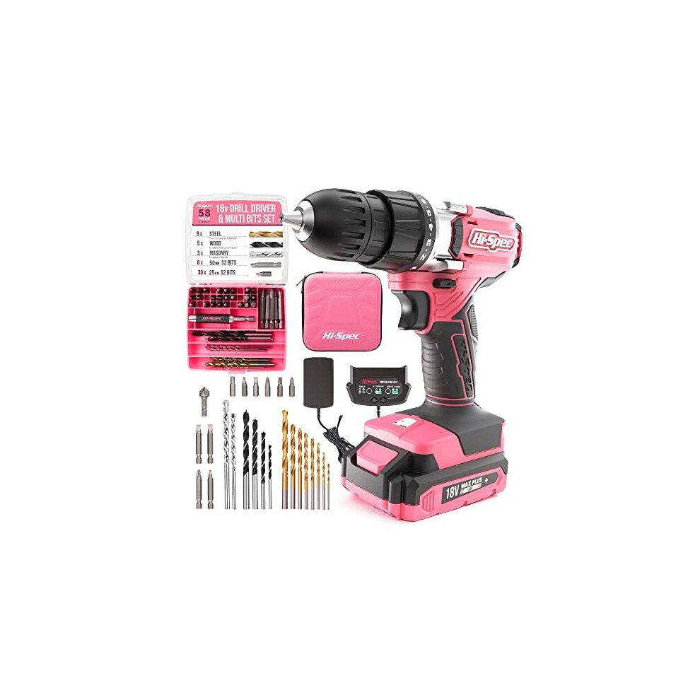 Hi-Spec 58 Piece 18V Pink Drill Driver & Multi Bit Set. DIY Cordless Screw & Drilling Power Tool with S2 Steel Bit Set for Metal, Wood & Masonry.