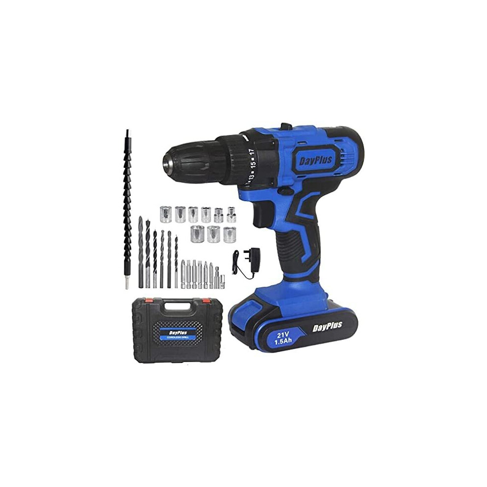 Powerful Cordless Drill Set & Screwdriver w/Battery, 21V 45N.m Impact Power Tool, Fast Charger, 18 + 1 Torque Setting w Quick-Release Drill Chuck