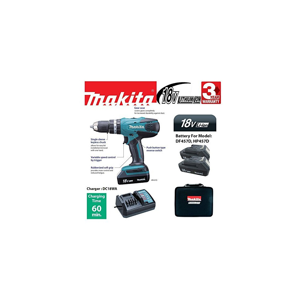 Makita HP457D 18 V Cordless Li-ion Combi Drill Kit and Accessory Set, 101 pc.