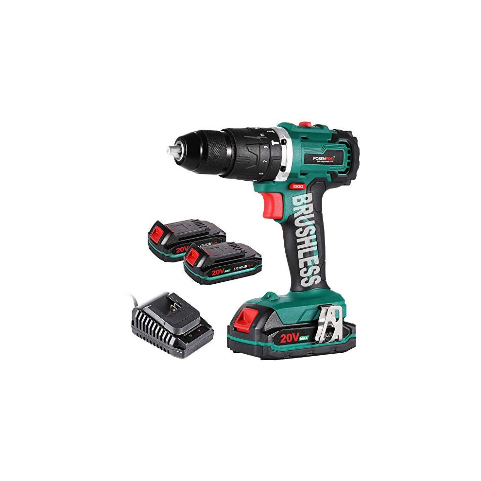 Posenpro Cordless Drill Driver,Brushless 20V Hammer Drill With 2Pcs 2.0Ah Battery Combi Drill Set,50N.m Electric Screwdriver,19+3 Torque,2-Variable Speed,